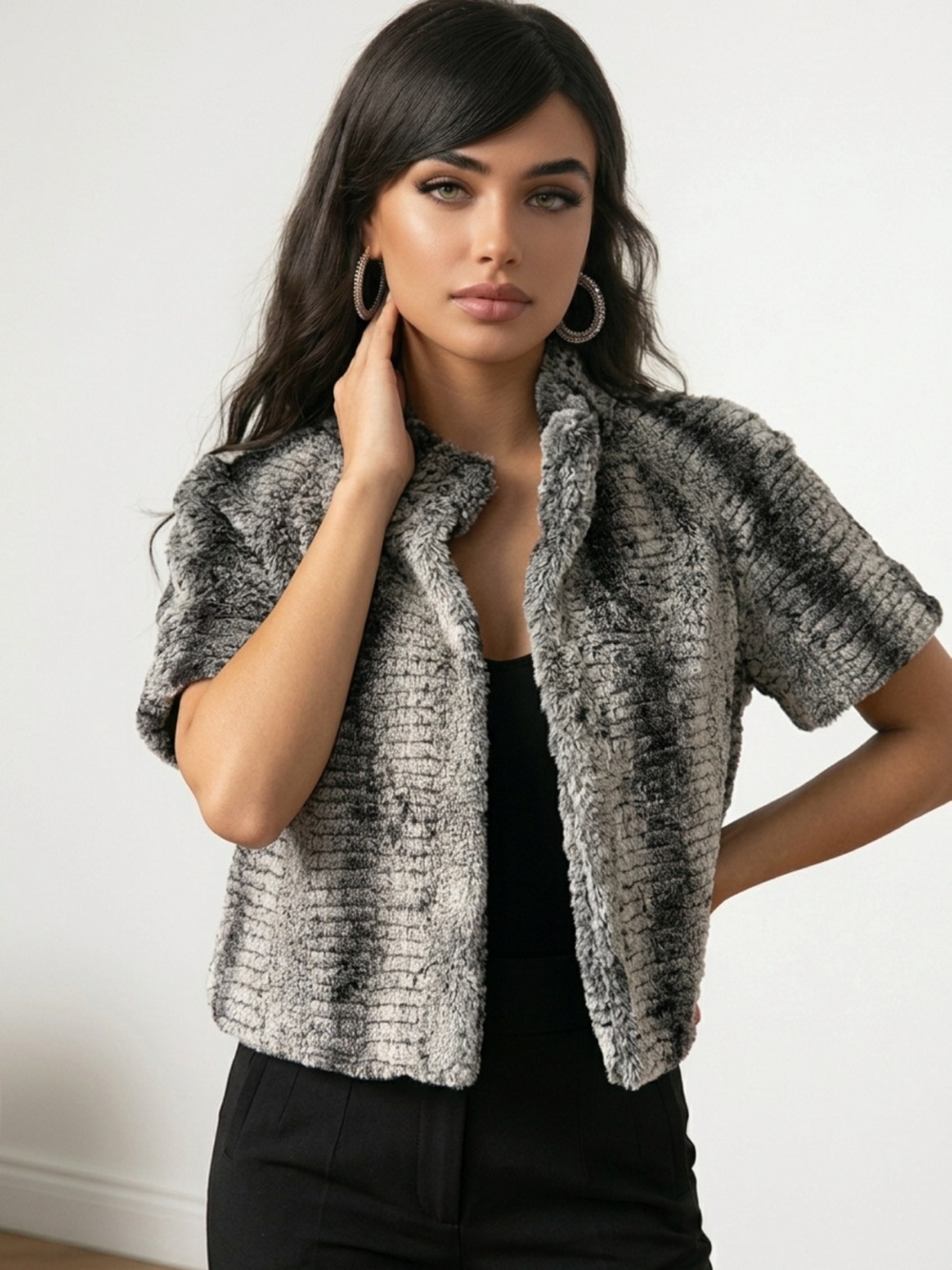 Vintage 1999 Joseph Ripkoff Faux Fur Cropped Jacket Textured Grey Mob Wife